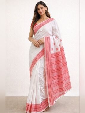 White Manipuri Cotton Saree Red Border Handwoven Style + Stitched Blouse